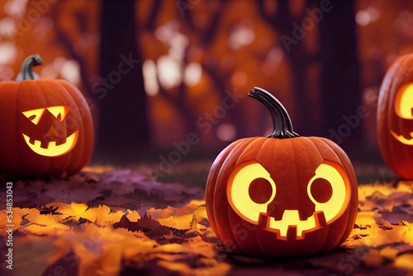 Obraz happy Halloween Background with a Jack O Lantern in a forest