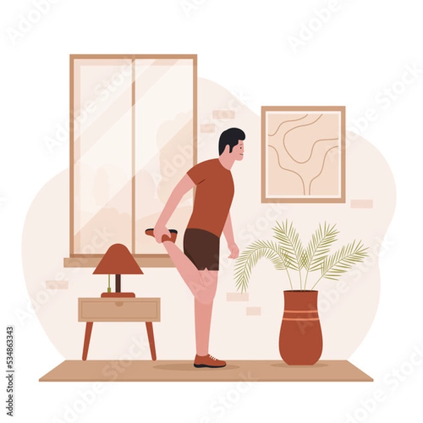 Fototapeta Flat design of man practicing yoga in living room. Illustration for websites, landing pages, mobile applications, posters and banners. Trendy flat vector illustration