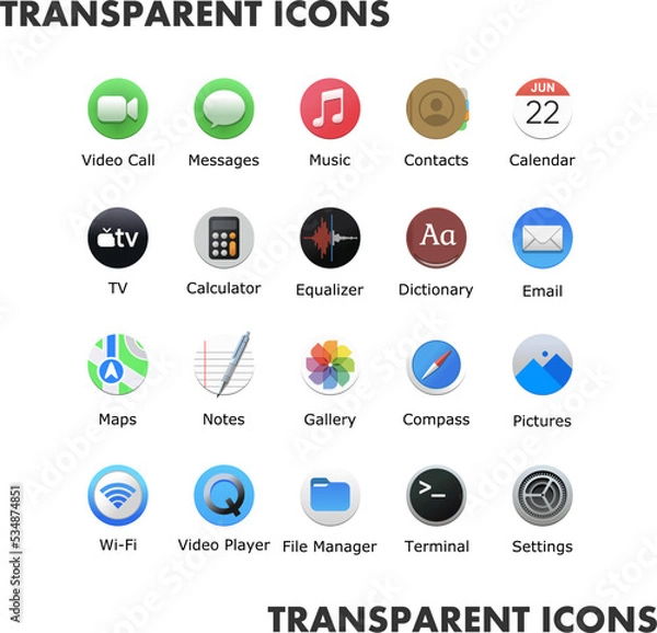 Obraz Transparent icons for web and mobile applications set. Desktop icon pack. Round Premium smartphone app shortcuts. Customize theme. Vector illustration