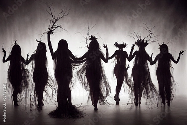 Fototapeta Dancing witches, black silhouette against bright moody background - abstract. Generative AI