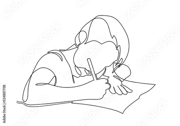 Obraz Continuous line of schoolboy raising his hand and pencil, idea and school