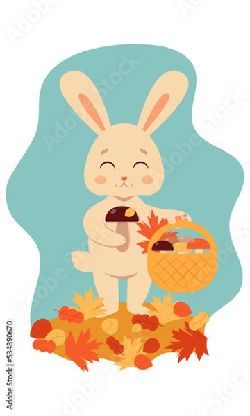 Fototapeta A cute funny rabbit with a basket in his hand collects mushrooms. Autumn forest. Fall Vector illustration. 2023 new year. Year of the rabbit.	
