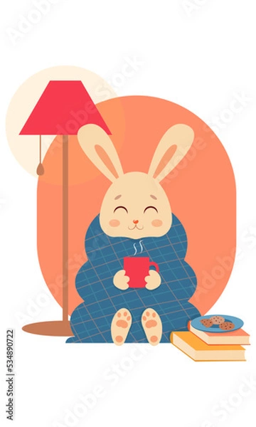 Fototapeta A cute rabbit is wrapped in a checkered blanket, warming up and holding a cup with a hot drink in his hands. Home furnishings.  2023 new year of the rabbit. Autumn vector illustrat