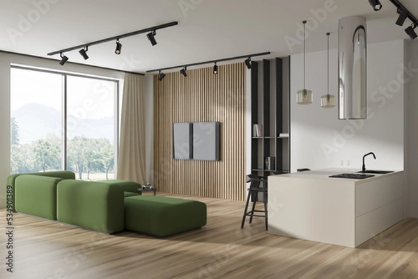 Fototapeta Stylish studio interior with relax and cooking area, tv set and panoramic window