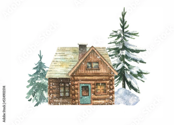 Obraz Watercolor illustration of a wooden, forest house surrounded by fir trees in the snow. New Year illustration isolated on white background
