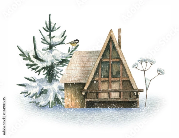 Obraz Watercolor illustration of a wooden, forest house surrounded by fir trees in the snow. New Year illustration isolated on white background