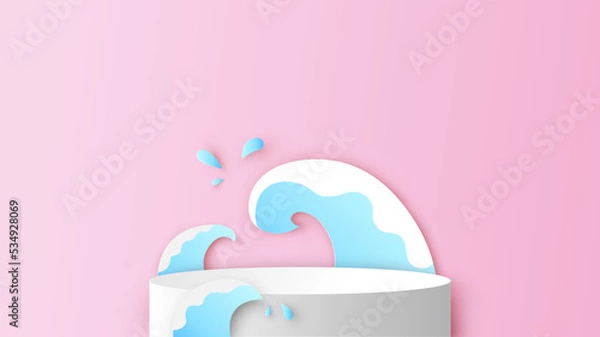 Obraz Summer circle stage podium scene decorated with sea wave splash and blank space. Summer stage podium mockup template. paper cut and craft style. vector, illustration.