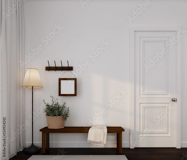 Fototapeta home interior in foryer area in front of room with wooden bench ,plant, bucket, hook,hanger,floor lamp,fabric,empty frame on white wall ,carpet and curtain in farm house style 3d render