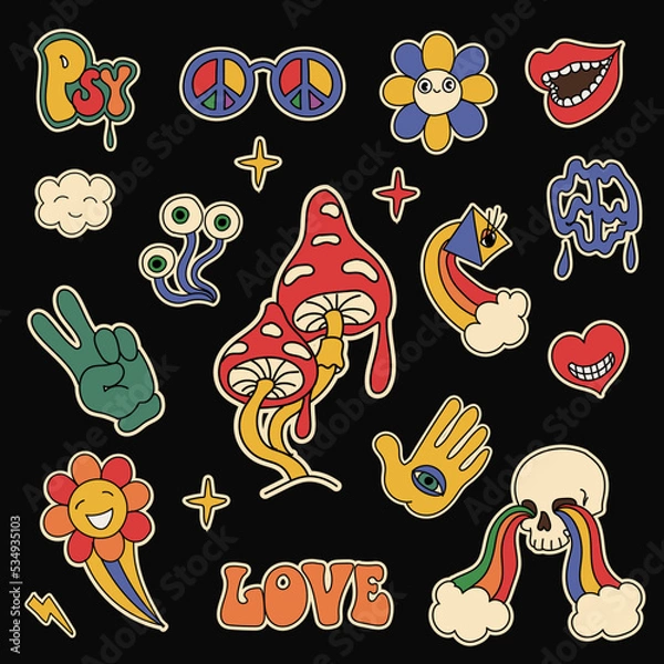Fototapeta Hippie 70s stickers. Cartoon psychedelic funny comic cute characters and doodles.. Mushroom and skull, pacific and Flower Vector set