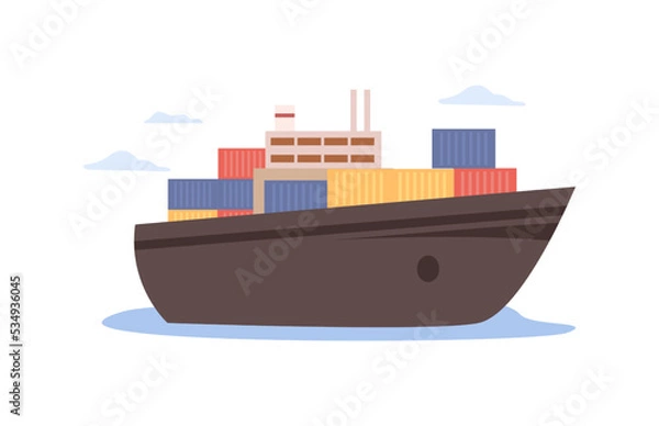 Fototapeta International logistics services, isolated ship loaded with cargo and freight. Transportation and delivery of parcels and container. Vector in flat cartoon style