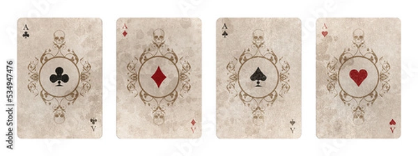 Fototapeta Aces with ornate pattern and skulls, isolated on white background of aged retro style poker cards. Halloween playing cards
