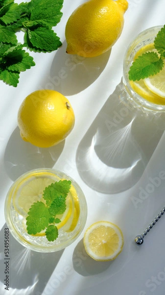 Fototapeta Drink limonade glasses with lemon slices. Flat lay