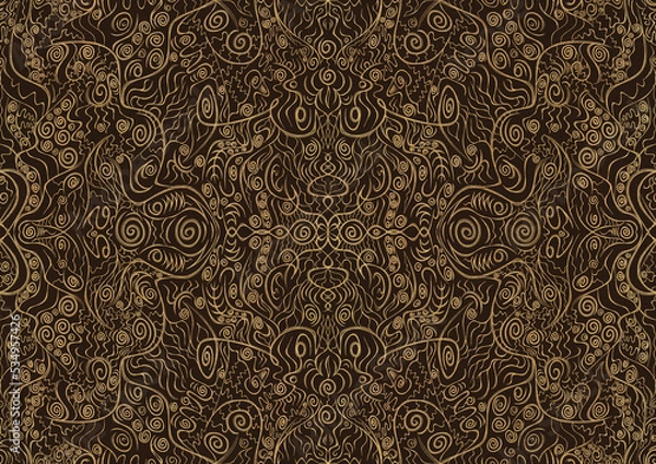 Fototapeta Hand-drawn unique abstract symmetrical seamless gold ornament on a dark brown background. Paper texture. Digital artwork, A4. (pattern: p06a)