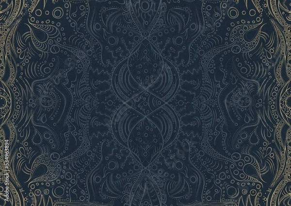 Fototapeta Hand-drawn unique abstract ornament. Light blue on a deep blue background, with vignette of same pattern in golden glitter. Paper texture. Digital artwork, A4. (pattern: p09a)