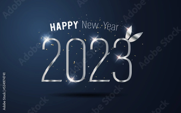 Obraz Happy New Year 2023. metal number and ribbon on blue gradient background.