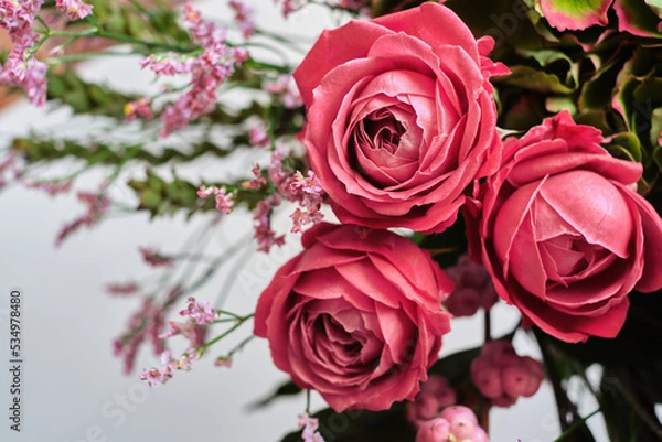 Fototapeta Floral abstract bouquet of peony roses on a light background. Greeting card or wallpaper. Place for text and advertising
