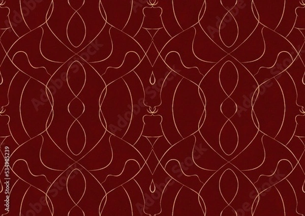 Fototapeta Hand-drawn unique abstract symmetrical seamless gold ornament on a deep red background. Paper texture. Digital artwork, A4. (pattern: p08-1b)