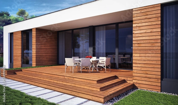 Fototapeta 3D visualization of a modern house. House with a flat roof. Modern unique architecture