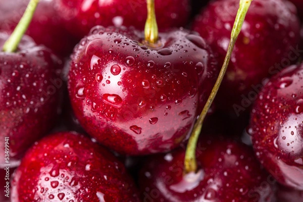Fototapeta Zbliżenie świeżych jagód wiśniowych z kroplami wody.