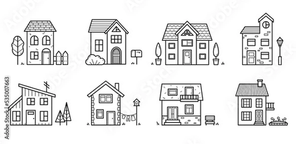 Fototapeta Set of houses. Collection of various city and village homes with decor element. Doodle sketch style. Isolated vector illustration.