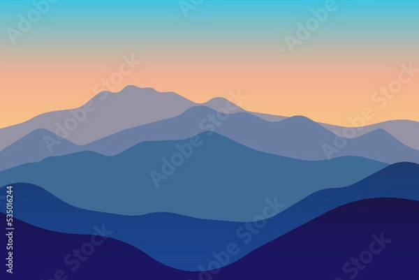 Fototapeta vector illustration of mountain landscape before sunrise with gradient color. View of a mountains range. Landscape during sunset at the summer time. Foggy hills in the mountains ragion.
