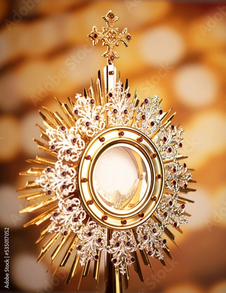 Fototapeta Catholic religion concept. Catholic symbols composition. Monstrance on yellow bokeh background. 