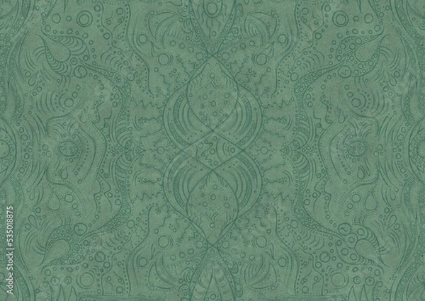Fototapeta Hand-drawn unique abstract symmetrical seamless ornament. Dark semi transparent green on a light cold green background color. Paper texture. A4. (pattern: p09a)