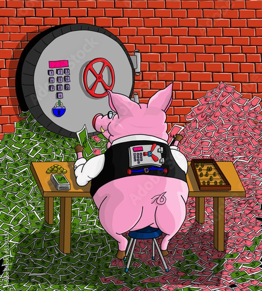 Obraz Свинья копилка сидит на куче денег