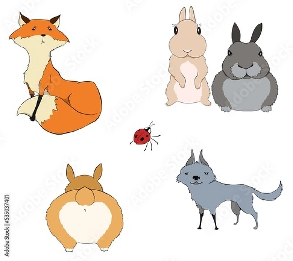 Obraz Set of cute funny animals on white background: fox, wolf, pair of rabbits, corgi dog, ladybug