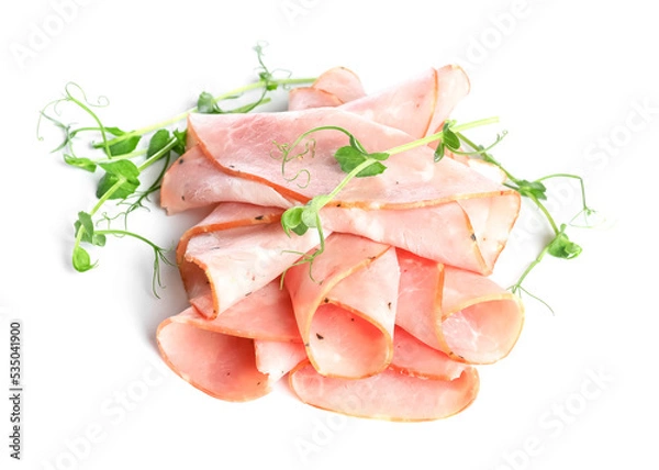 Obraz Heap of sliced ham with microgreen on white background