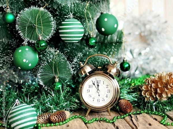 Fototapeta Retro alarm clock on the eve of Christmas near a decorative tree, dressed up in green style.Greetings card for Christmas and New Year.