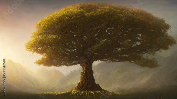 Fototapeta huge imposing tree in the morning, epic tree of life