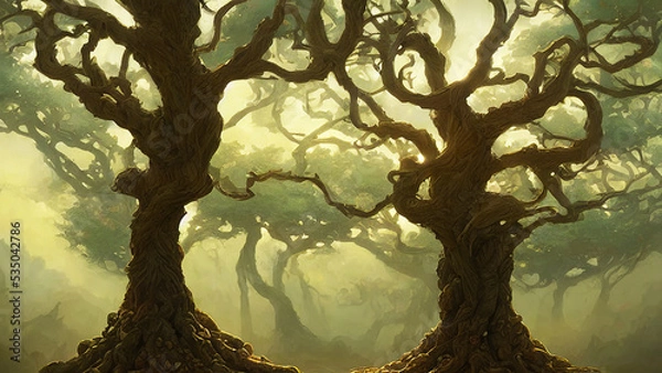 Fototapeta weird and spooky trees in the mist into the forest