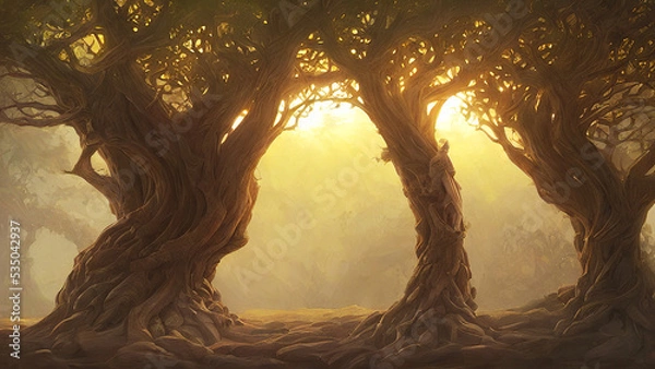 Fototapeta sunset in the woods with three beautiful trees