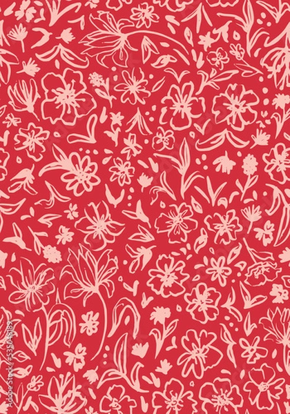 Obraz Hand drawn botanical mix seamless repeat pattern. Random placed, vector doodled herbs, flowers, leaves, plants all over surface print on red background.