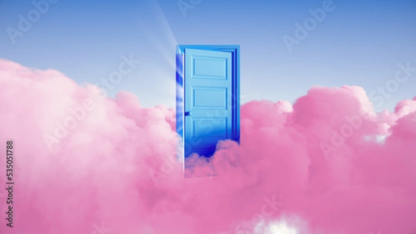 Fototapeta 3d rendering, abstract fairytale background, light rays shining through the opening blue door, pink clouds