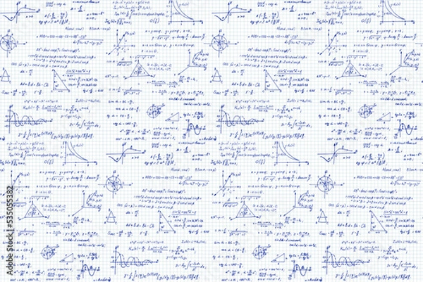 Obraz Education and scientific background. Math seamless pattern with the equations, figures, schemes, plots and other calculations on notebook page. Handwritten vector Illustration. 