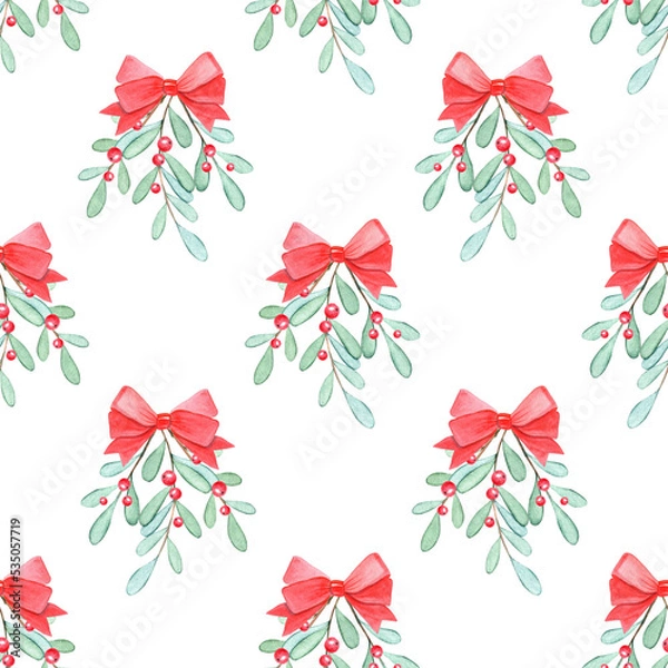 Fototapeta Watercolor mistletoe bunch with red bow seamless pattern on white