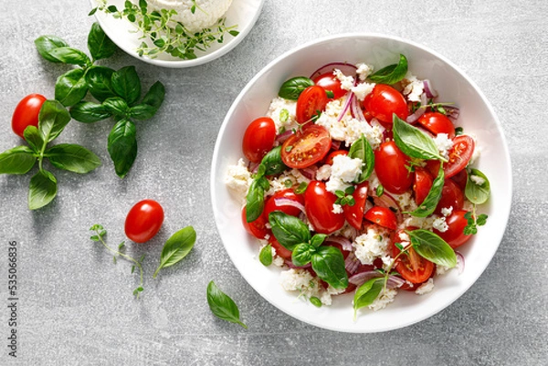 Fototapeta Salad with tomato, italian ricotta cheese and basil, top view