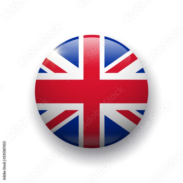 Fototapeta Realistic glossy button with UK flag. 3d vector element with shadow underneath. Best for mobile apps, UI and web design.