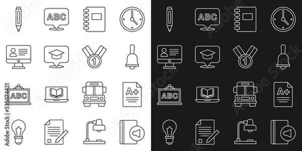 Fototapeta Set line Audio book, Exam sheet with plus grade, Ringing bell, Spiral notebook, Graduation cap speech bubble, Online class, Marker pen and Medal icon. Vector