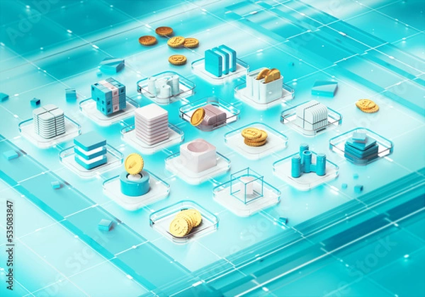 Fototapeta Cryptocurrency and blockchain. 3D rendered illustration.