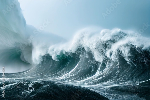 Fototapeta Apocalyptic dramatic background,  giant tsunami waves, dark stormy sky, Tornado. Huge waves Tsunami Big waves. 