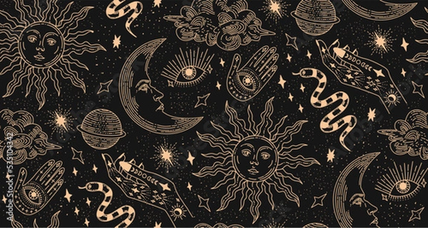 Fototapeta Seamless pattern with magical elements. Set of linear vector illustrations. Celestial illustrations depicting the sun, moon, planet, clouds. design elements for decoration in a modern style.