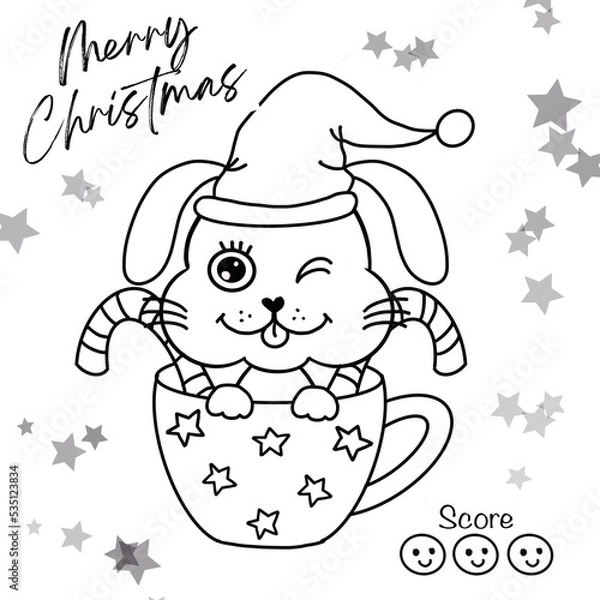 Fototapeta christmas bunny in the cup. Coloring page can print out with good quality. On white back gound.