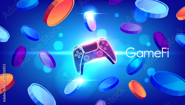 Fototapeta GameFi tokens crypto currency with game controller on blue background.