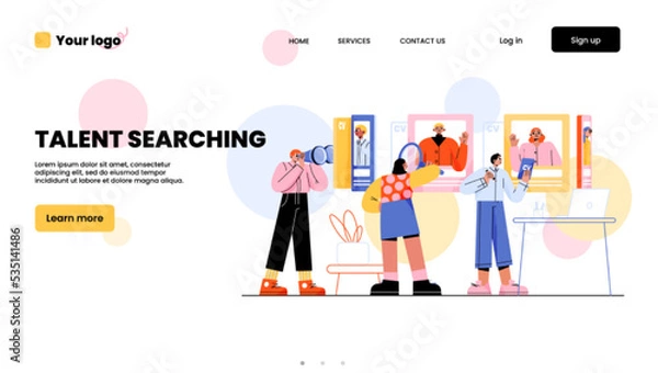 Fototapeta Talent searching landing page. Hr team research workers, recruitment concept with business people choose best candidate for job. Hiring and human resource agency, Line art flat vector web banner