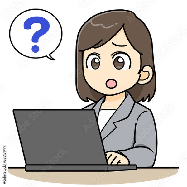 Fototapeta パソコンの前で疑問が浮かぶビジネスウーマン