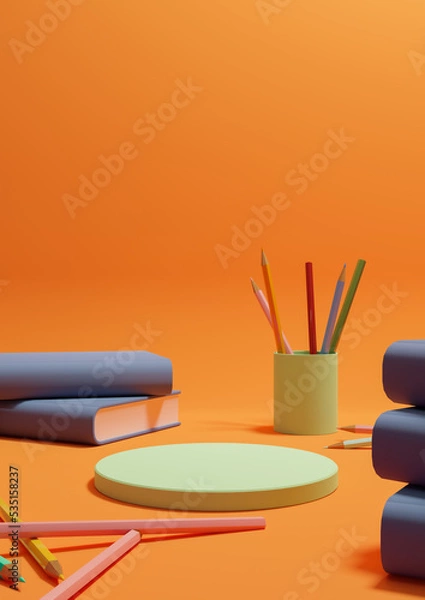 Fototapeta Neon orange, bright red 3D illustration back to school product display one podium or stand vertical from the side with pencils, and books on table for product photography background or wallpaper