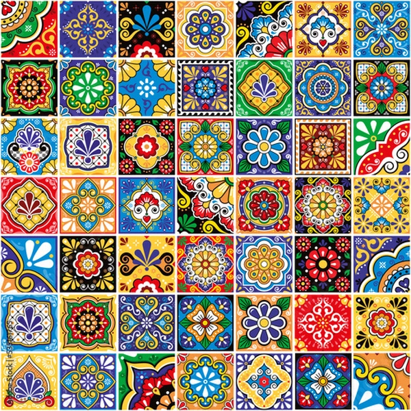 Obraz Mexican talavera tiles vector seamless pattern- big 49 different colorful design set, perfect for wallpaper, textile or fabric print
